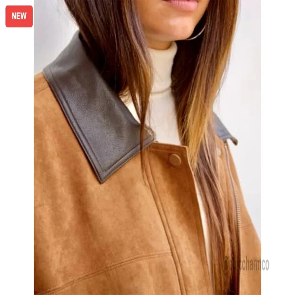 Oversized Faux Suede Bomber Jacket Cropped Lapel Motorcycle Zip Up - Picture 5 of 7